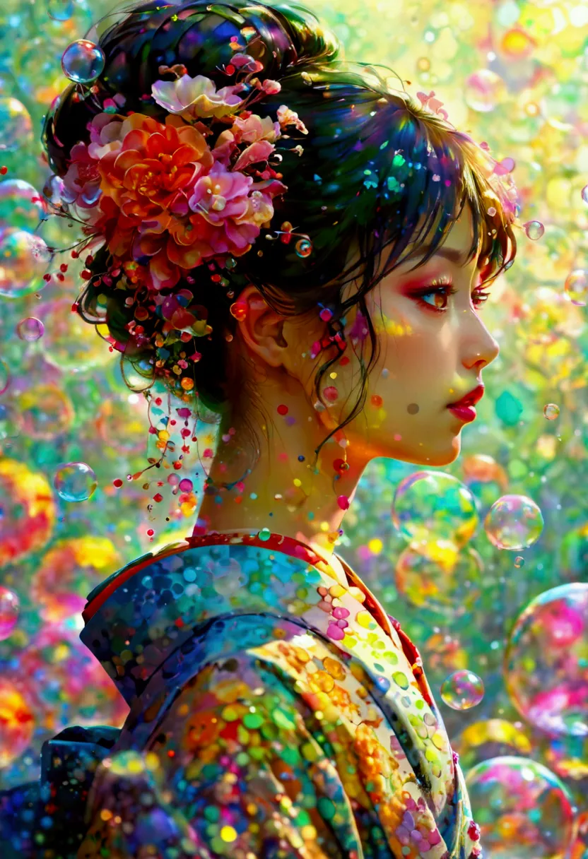 a beautiful modern oiran with a gentle expression, surrounded by many colorful soap bubbles in a mystical atmosphere. she is fac...