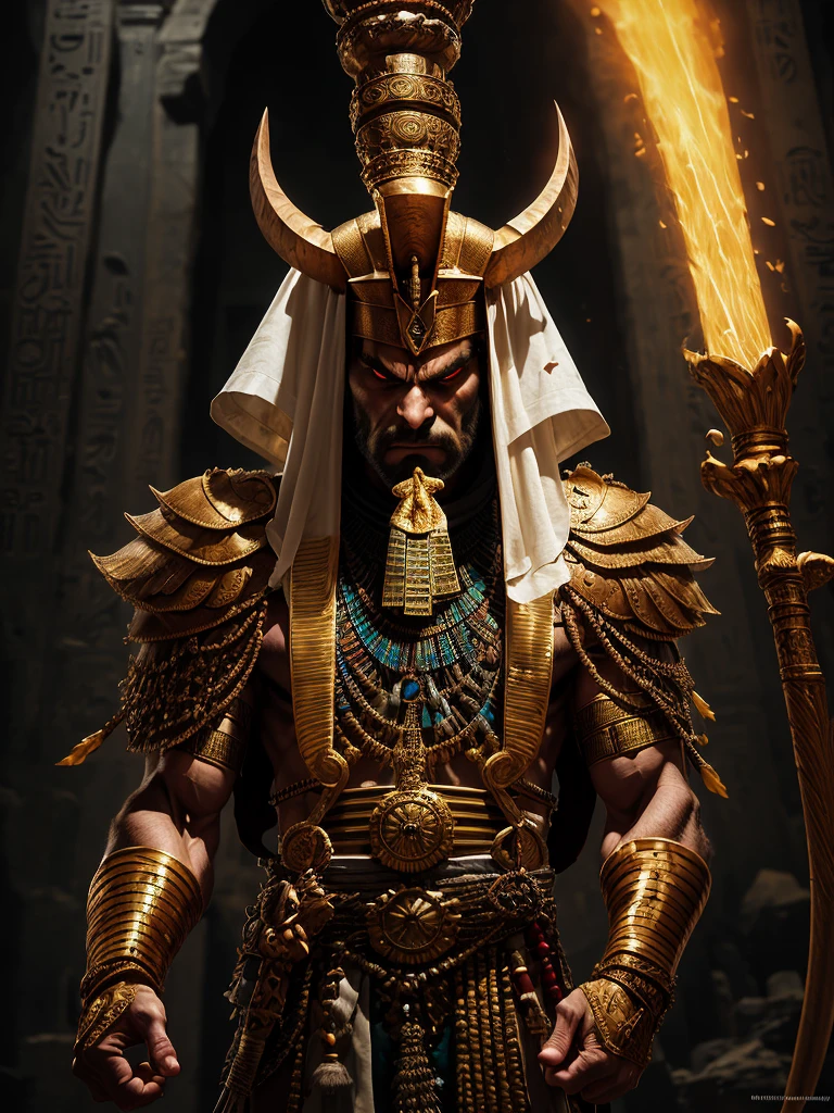 a portrait of an angry, egypt god, intricate outfit, epic realistic, kit, aesthetic, cinematic, insane details, hyperdetailed, dimmed colors, muted colors, film grainy, slate, lut, spooky, vignette, tomb inside, mugshot, art by rutkowski,