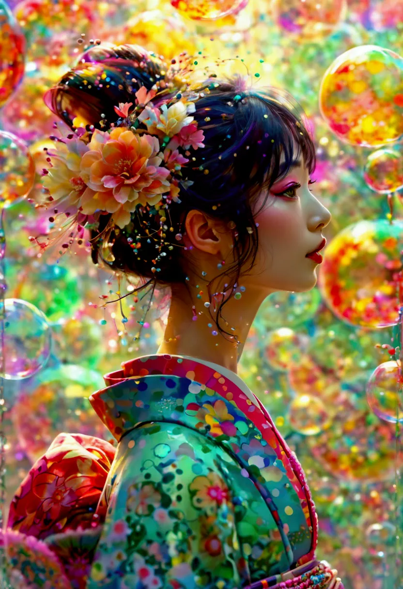 a beautiful modern oiran with a gentle expression, surrounded by many colorful soap bubbles in a mystical atmosphere. she is fac...