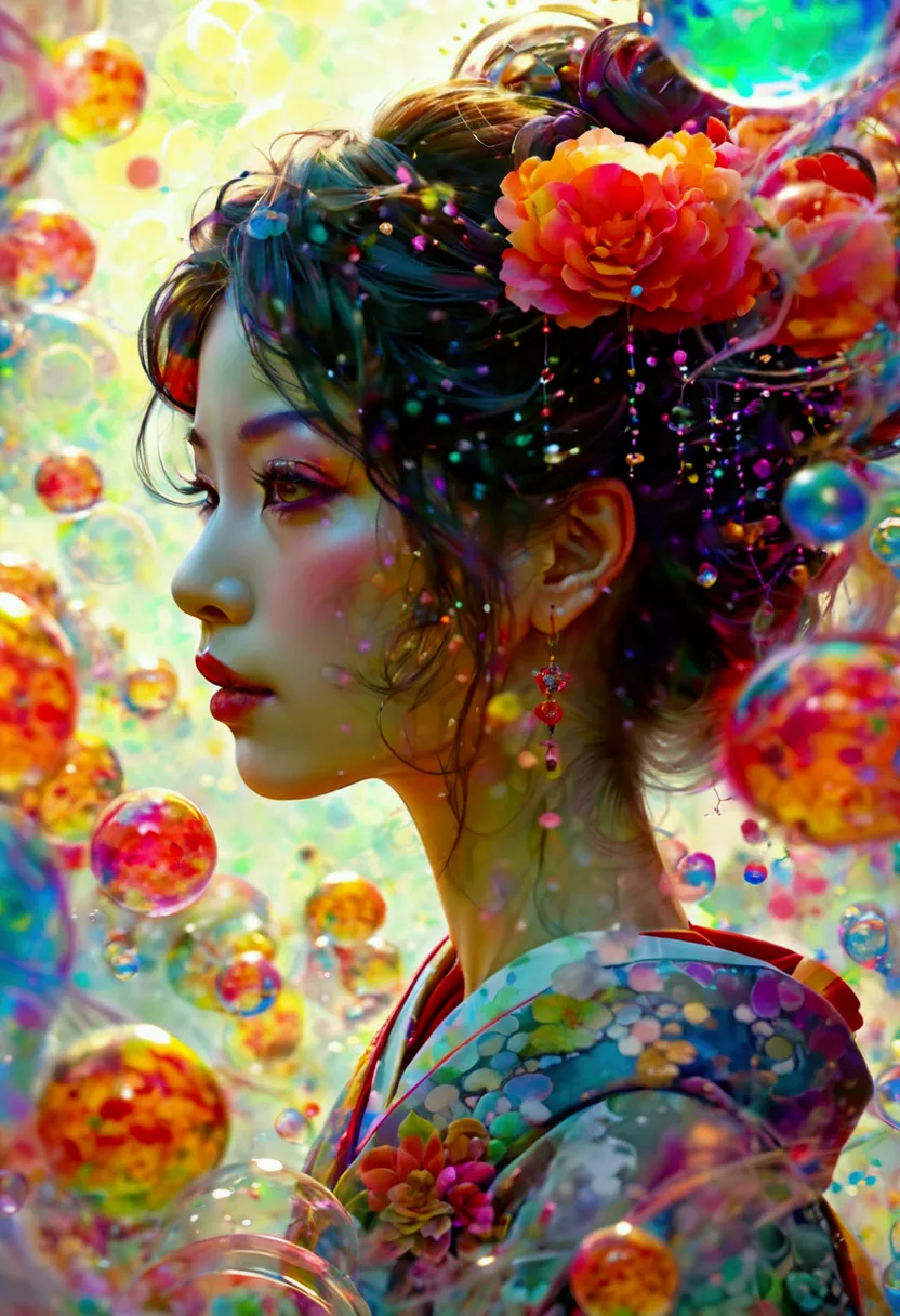 a beautiful modern oiran with a gentle expression, surrounded by large, colorful soap bubbles and swirling smoke, creating a mys...