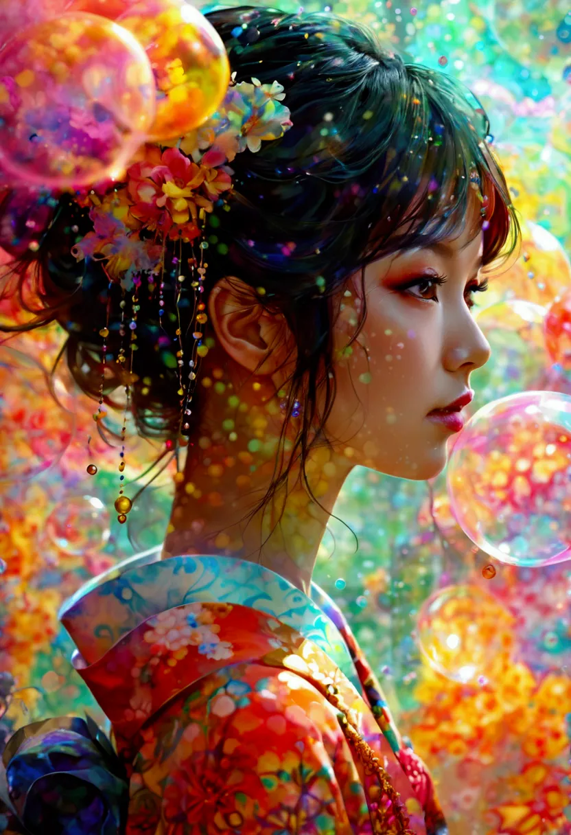 a beautiful modern oiran with a gentle expression, surrounded by large, colorful soap bubbles and swirling smoke, creating a mys...