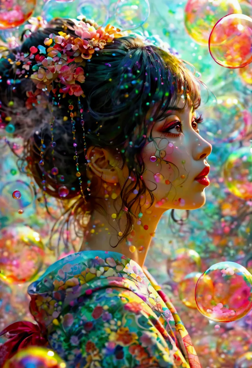 ((front view image))a beautiful modern oiran with a gentle expression, surrounded by large, colorful soap bubbles and swirling s...