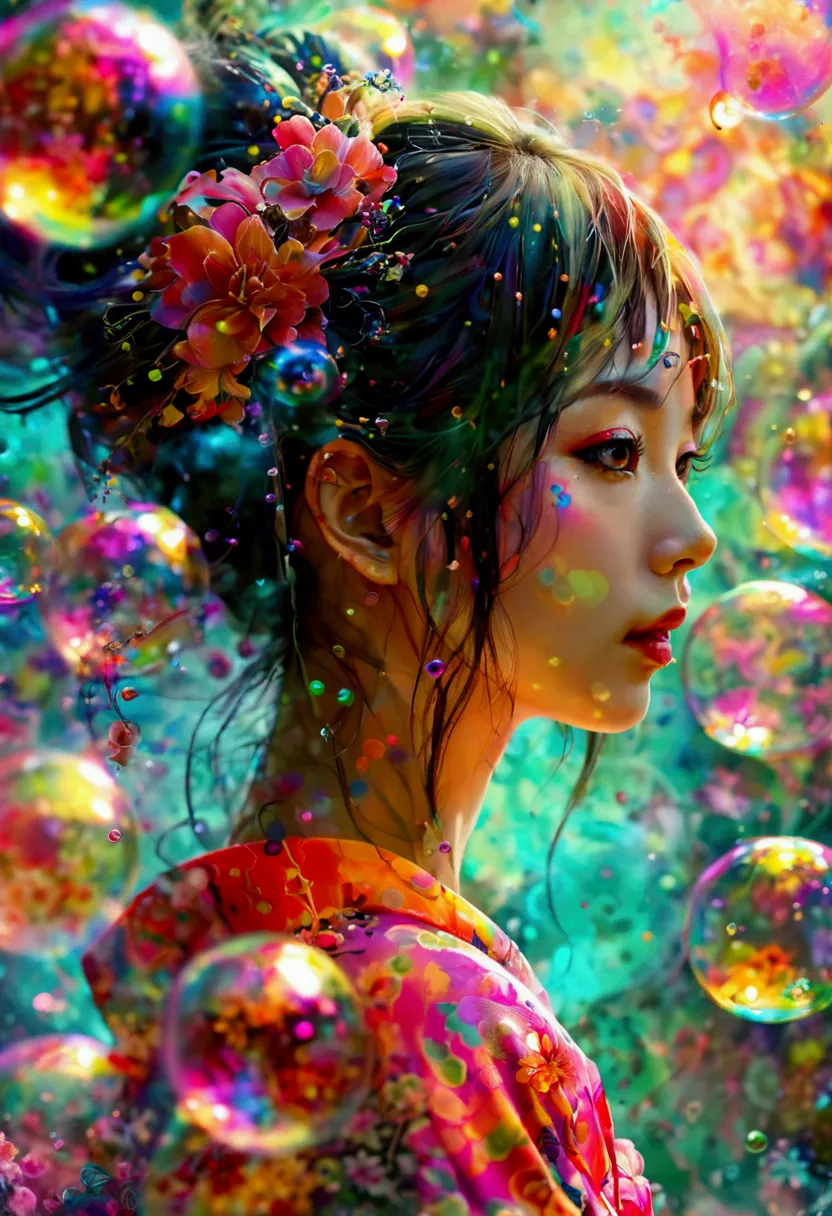 ((looking at the camera))a beautiful modern oiran with a gentle expression, surrounded by large, colorful soap bubbles and swirl...