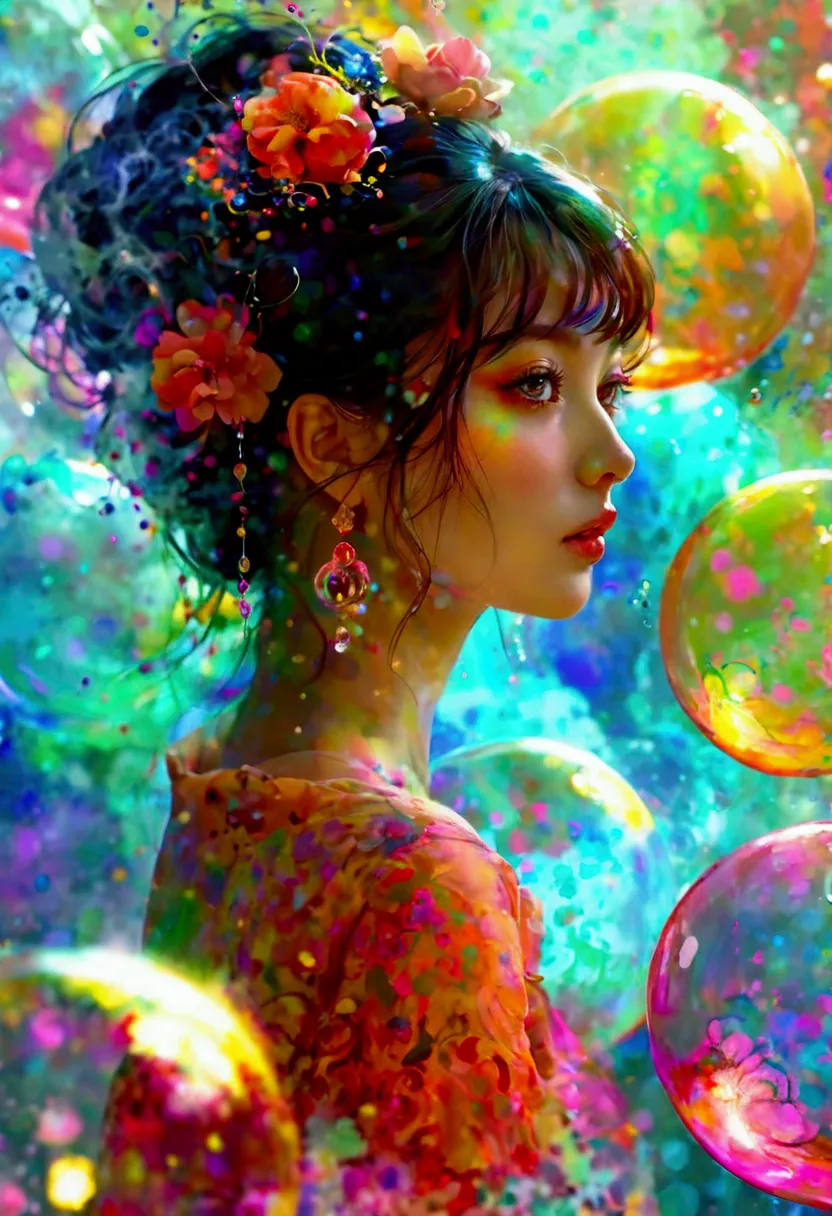 ((looking at camera)) a beautiful modern-day courtesan with a calm expression, surrounded by large colorful soap bubbles and swi...