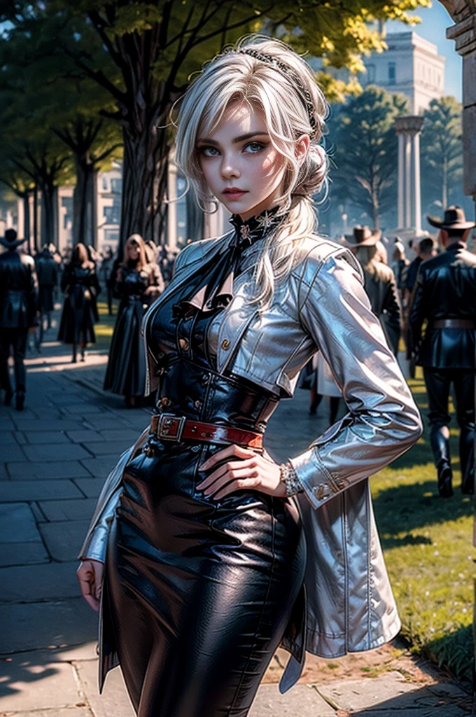 masterpiece,best quality, masterpiece, high detail,detailed face,detailed eyes,rendered eyes,perfect eyes,hip lines,crisp image,detailed,amazing,8k,8k wallpaper,8k background,high detailed skin,high res, (((cowboy shot))), solo, 1girl,looking at viewer,WillowSchnee, white hair tied up in a bun, low on the right side of the back of her head, while her bangs are shaped around the left side of her face and a small, curled lock of hair reaching almost to her shoulders. her attire consists of a black dress, white cravat secured by a silver brooch set with a red stone,  a wide belt around her waist,  black tights and red shoes. serious expression, standing in palace garden, hedge maze, crowd, (crowd in military dress), (volumetric lighting), sharp focus, hyper detailed 