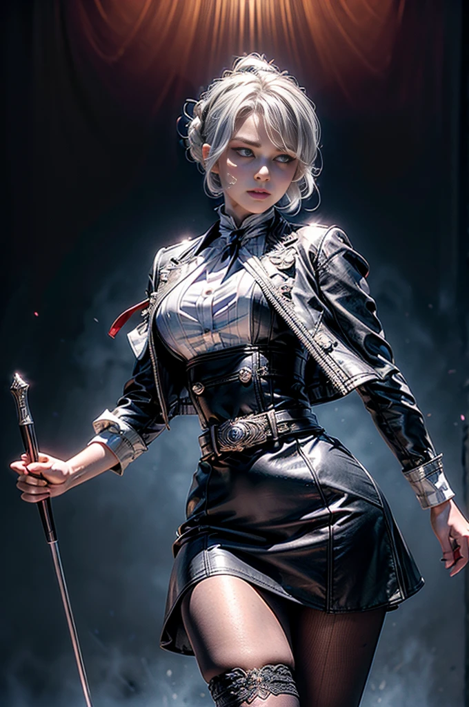 masterpiece,best quality, masterpiece, high detail,detailed face,detailed eyes,rendered eyes,perfect eyes,hip lines,crisp image,detailed,amazing,8k,8k wallpaper,8k background,high detailed skin,high res, (((cowboy shot))), solo, 1girl,looking at viewer,WillowSchnee, white hair tied up in a bun, low on the right side of the back of her head, while her bangs are shaped around the left side of her face and a small, curled lock of hair reaching almost to her shoulders. her attire consists of a black dress, white cravat secured by a silver brooch set with a red stone,  a wide belt around her waist,  black tights and red shoes. serious expression, standing in palace garden, hedge maze, crowd, (crowd in military dress), (volumetric lighting), sharp focus, hyper detailed 