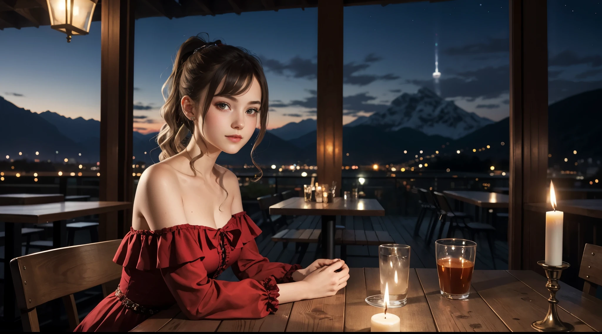 girl in romantic cafe, BREAK, 1girl, sitting, leaning forward, hand on chest, red off-shoulder strapless dress, ruffles-trim, (13yo, cute:1.6), (breasts:1.2), see-through wide sleeve, detailed face, looking at viewer, blush, ponytail, bangs, clavicles, shoulder, candle in glass, on table, night twilight sky, mountains, city landscapes, sexy mini dress, depth details, detailed skin, curly blonde hair, masterpiece, best quality, back lighting, fashionable and chic vibes,