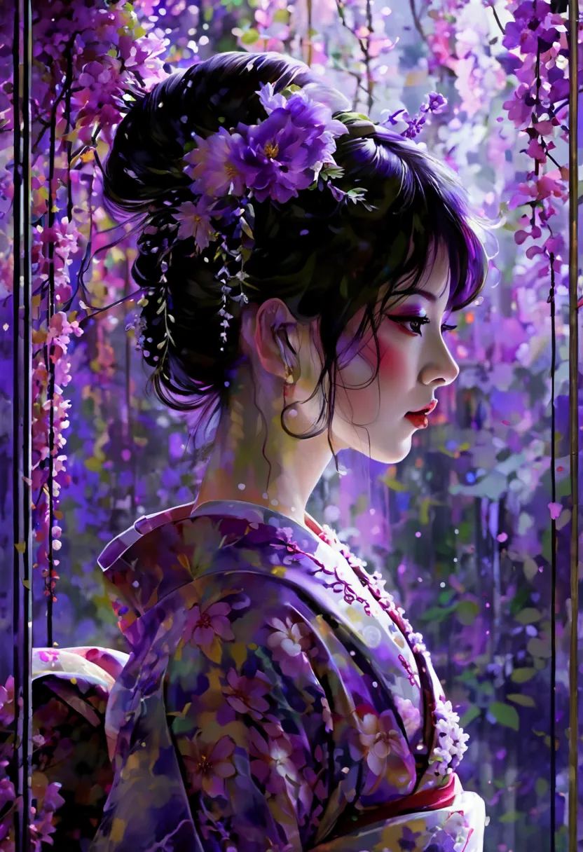 a beautiful oiran facing forward, portrayed in shades of purple, with a night-time atmosphere. the art style is watercolor, feat...