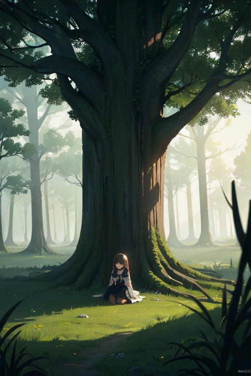 Create a dark and mysterious scene with a young girl named Luna walking alone in a forest. The trees are big and old, and there is a strange hole in the roots of a tree, radiating a faint greenish light. The environment is loaded, as if something mystical was about to happen. Luna is kneeling in front of the hole, hesitant, with a hand about to enter. The sky is cloudy, and there is a slight touch of mist around.