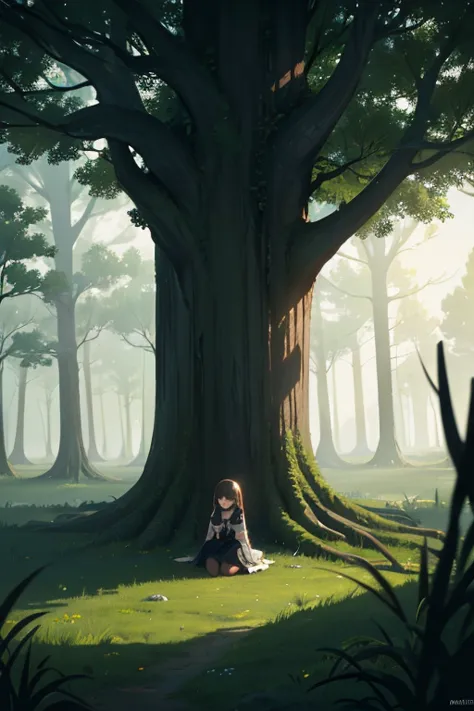 create a dark and mysterious scene with a young girl named luna walking alone in a forest. the trees are big and old, and there ...