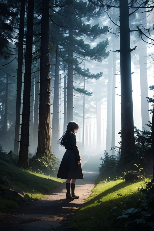 Create a dark and mysterious scene with a young girl named Luna walking alone in a forest. The trees are big and old, and there is a strange hole in the roots of a tree, radiating a faint greenish light. The environment is loaded, as if something mystical was about to happen. Luna is kneeling in front of the hole, hesitant, with a hand about to enter. The sky is cloudy, and there is a slight touch of mist around.