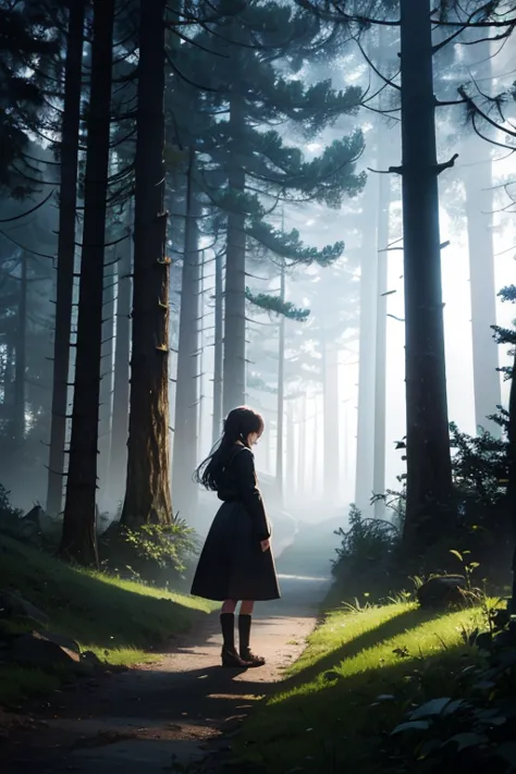 create a dark and mysterious scene with a young girl named luna walking alone in a forest. the trees are big and old, and there ...