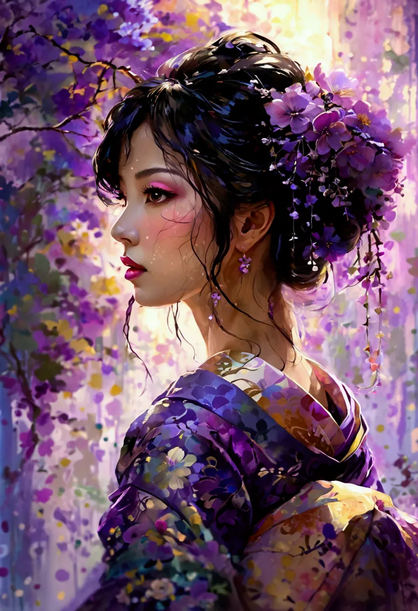 a beautiful oiran facing directly forward, portrayed in shades of purple, with a night-time atmosphere. the art style is waterco...