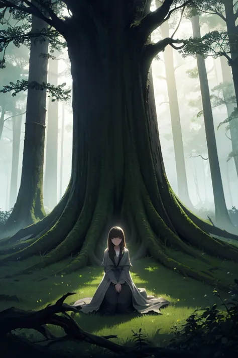 draw a full page picture in a dark and mystical forest, with ancient trees and exposed roots. luna, a young woman in , is kneeli...