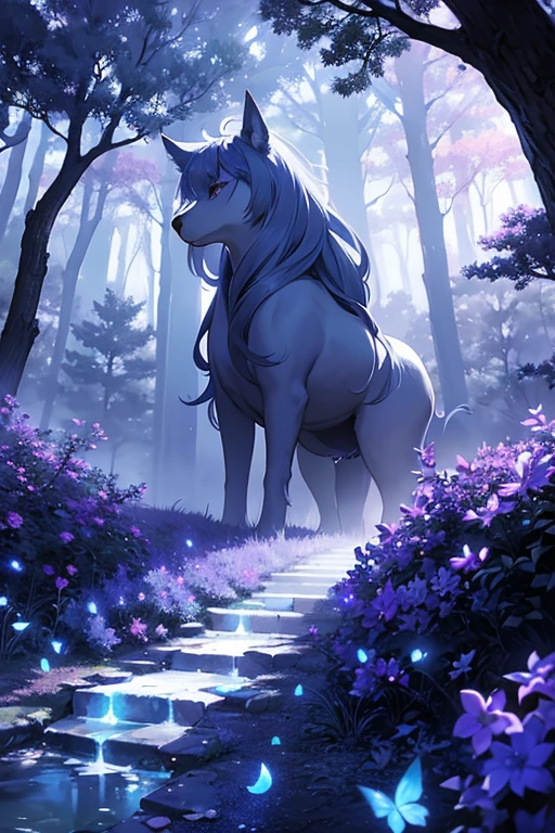 Create a grand image showing Luna in a forest of trees with crystal leaves, reflecting a lilac light from the sky. The scene is enchanting and surreal, with a mysterious figure, Alex, Emerging from the shadows. Ao fundo, there is a dark castle, partially covered by fog, suggesting that the Shadow Realm is an ancient place full of secrets.