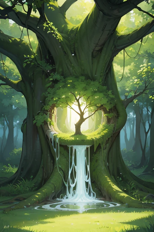 Draw a small illustration of a tree with exposed roots and a small hole in the middle, emanating a soft, greenish light. The image must be simple and mystical, ideal for the beginning of the chapter.