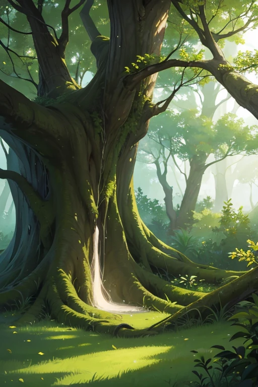 Draw a small illustration of a tree with exposed roots and a small hole in the middle, emanating a soft, greenish light. The image must be simple and mystical, ideal for the beginning of the chapter.