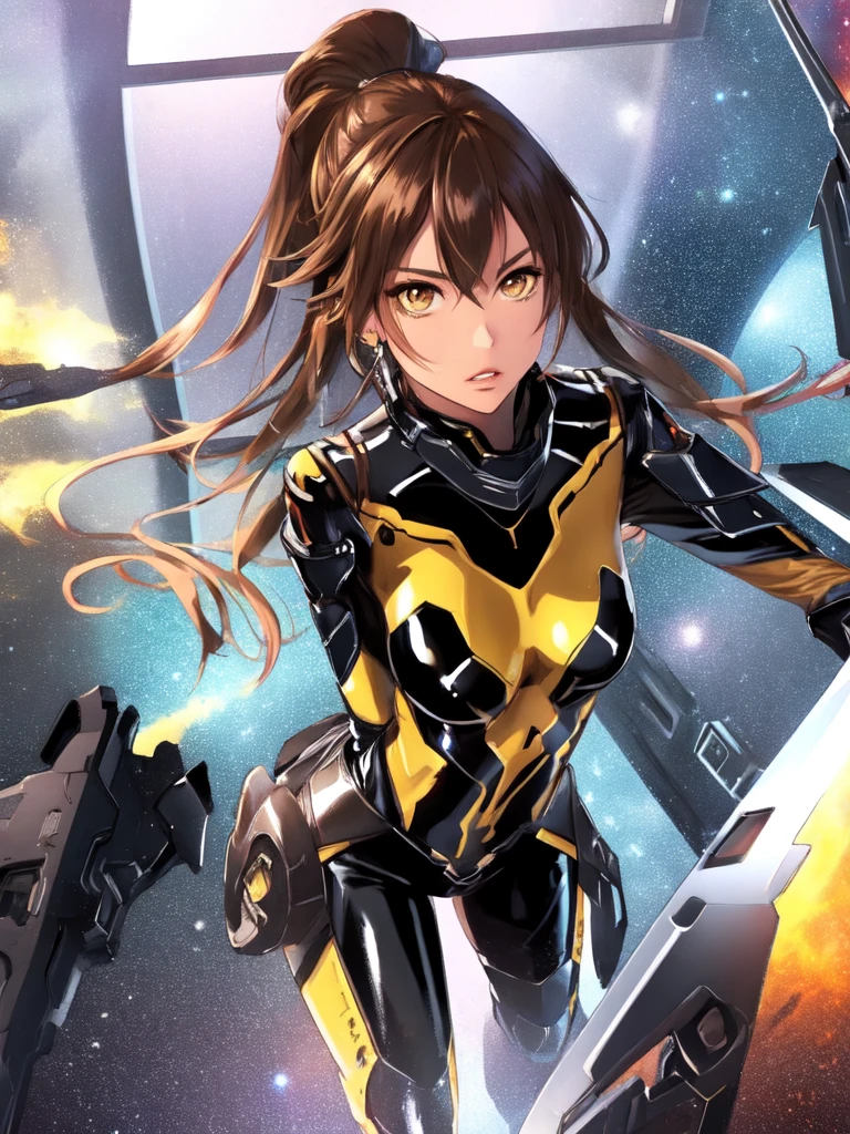 high quality, extremely detailed, perfect face, sharp face, angular face, full lips, Quna, extremely long ponytail, brown hair, brown eyes, (((brown skin))), dark skin, ((black latex zelsius bodysuit)), yellow armor, ((extremely glossy)), cyberwear, earpiece, holding weapons, ((sci-fi pistols)), ((bayonets)), surreal space background, starship interior, window
