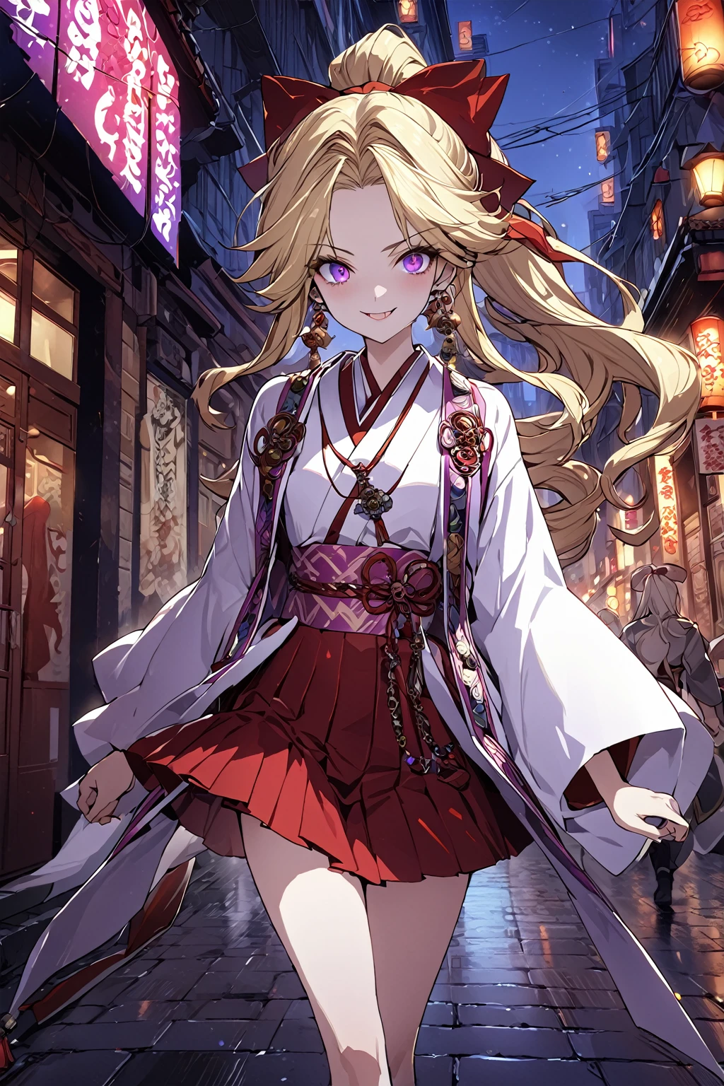 1girl, solo, walking ,street , ((night city background)) , dark persona, hand on own hip, pillars of purple fire, masterpiece, best quality, ultra-detailed, illustration, beautiful detailed eyes, kusakabe maron, kaitou jeanne, long hair, evil smile, white miko cloth, purple eyes, boots, blonde hair, bow, ribbon, hair ribbon, ponytail, earrings, red ribbon, red bow, drill hair, high ponytail, pink obi, chains, yin yang, earring, pierces, forehead accessory, beautiful art, high res, perfect face, detailed outfit,red pleated skirt,(((full body))),((whole body)),