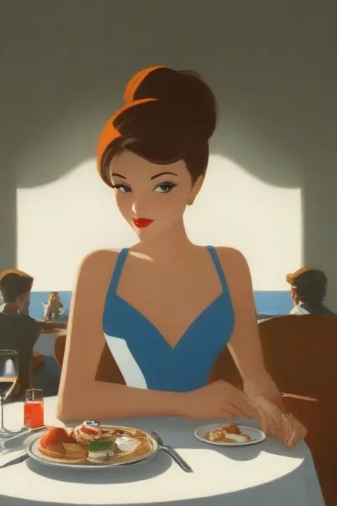 a close-up of a woman sitting at a table with a plate of food, kenton nelson, arte pin-up, retro pulp art, beautiful retro art, ...