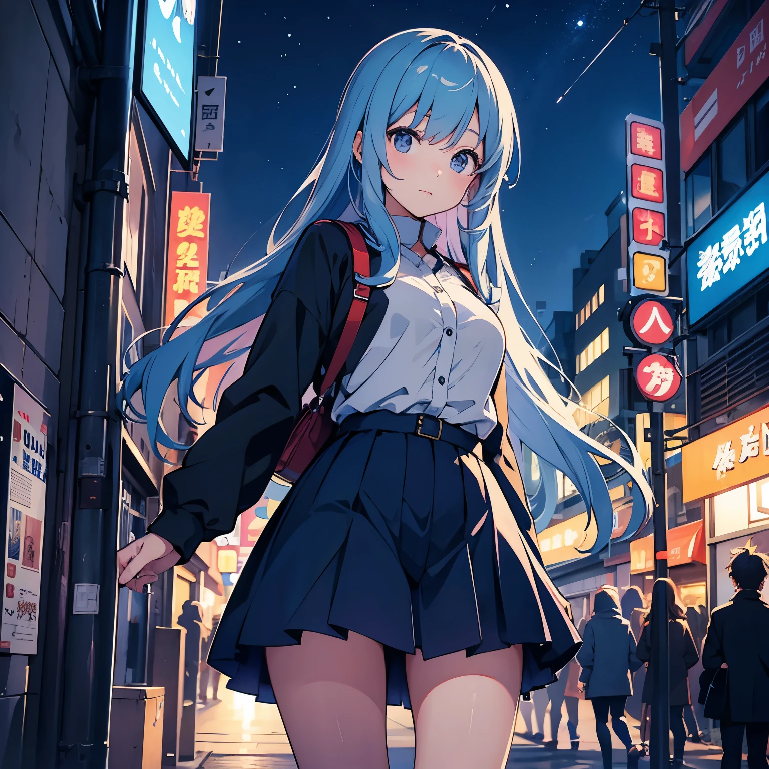 Anime girl in the city at night with blue sky
