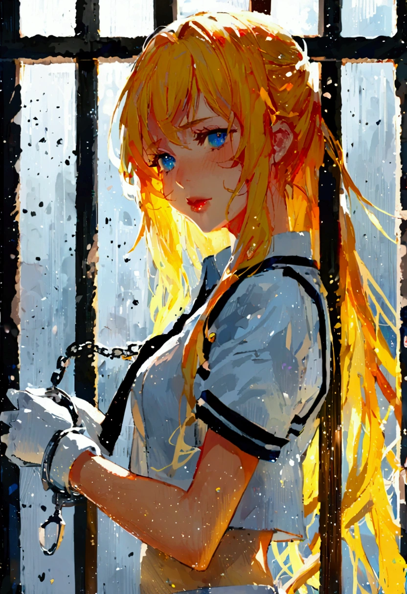 Anime girl with long blond hair imprisoned in prison，Wearing a white short-sleeved student uniform，Wearing a white pleated skirt，Wearing white pantyhose，Put on long white gloves，hands in handcuffs