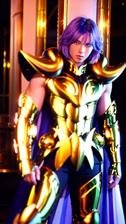 ultra-high saturation（tmasterpiece）， fully body photo，（best qualtiy）， （1boy），purple hair,  wearing shiny gold armor， armor，expos...