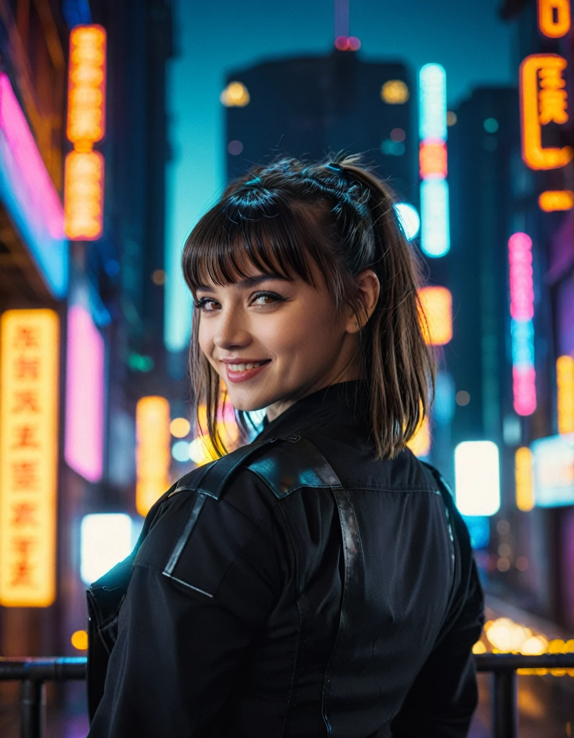 woman j0i,her hair is styled with bangs ,dramatic lighting,volumetric lighting,film grain,cinematic,looking at the camera,Depth of field,bokeh,wearing black clothes, full body shot shot,Cyberpunk cityscape background,smiling