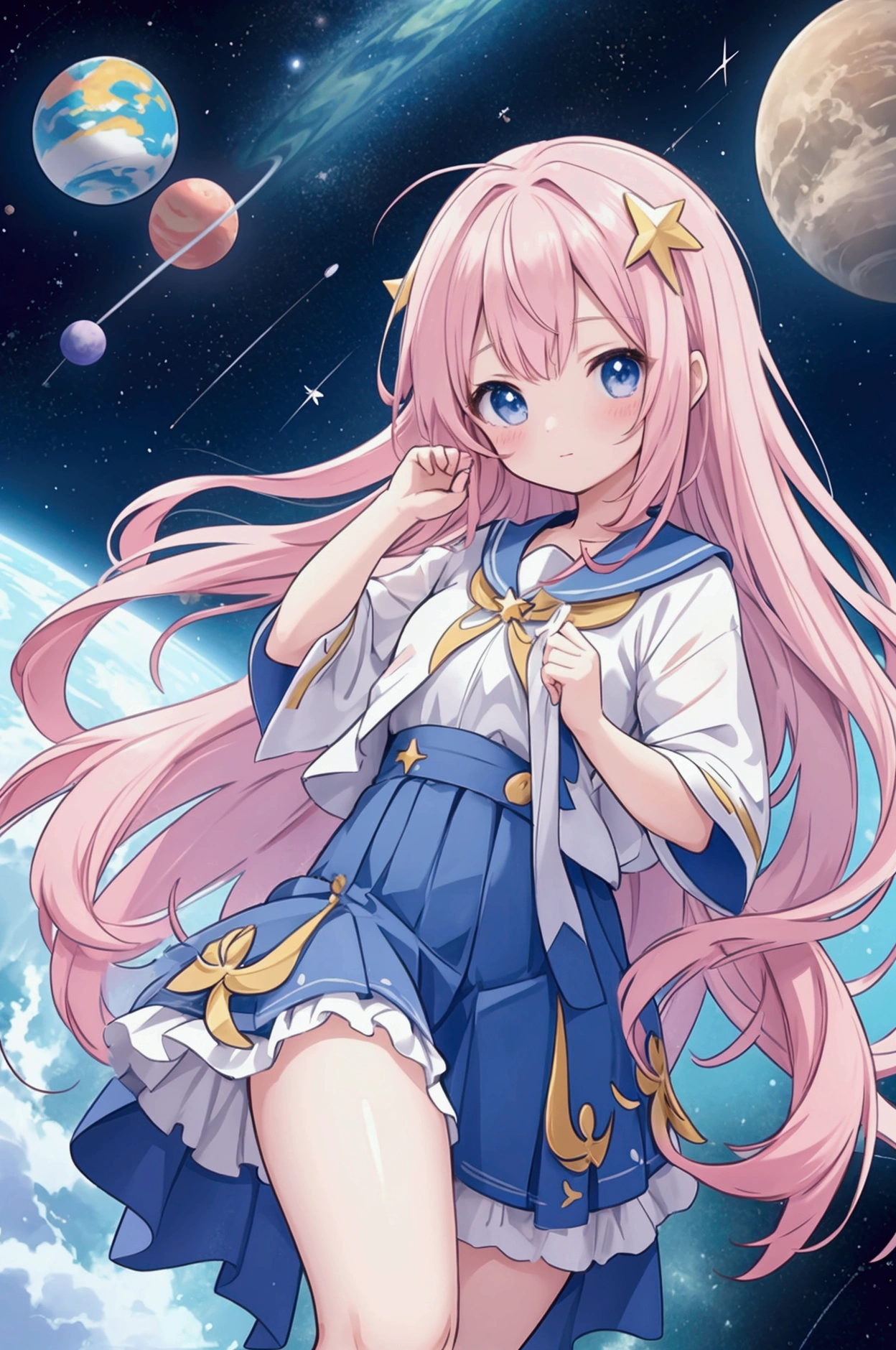 anime girl, magical, looking at the planets, Shining stars, amazing universe.