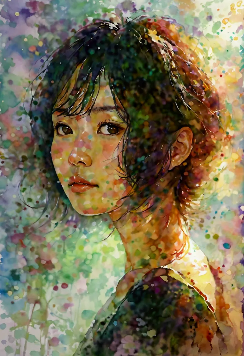 a beautiful middle-aged japanese woman, facing forward with her entire face clearly visible. the art style is watercolor, with s...