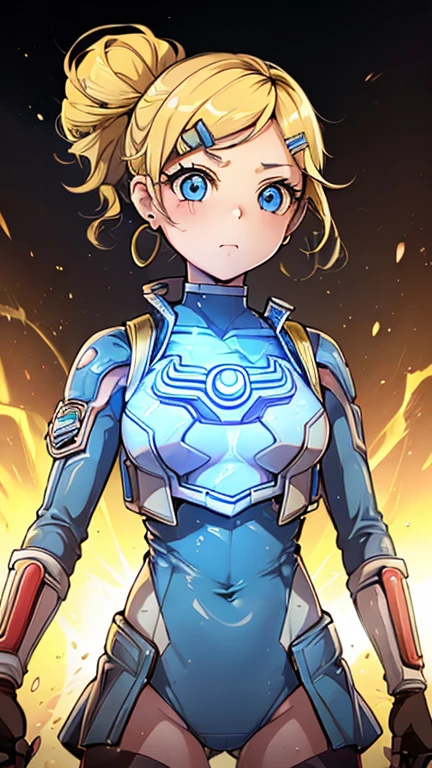 (8k),(masterpiece),(Japanese),(1girl,solo),((innocent look)),((Childish)),From the front, upper body, Cowboy shot, (ppgzbb, blue eyes, blonde hair, twin drills, hairclip, earrings), Standing, Daylight, bright, cyberpunk city,(ultragirl, ultraman bodysuit)