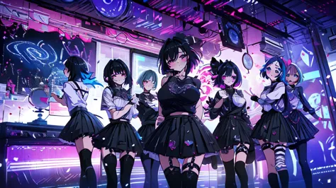 group of barista girls,pastel goth girls, pastel goth outfit, whiskey, bar, pleated skirts,extreme low angle view, neon light, d...