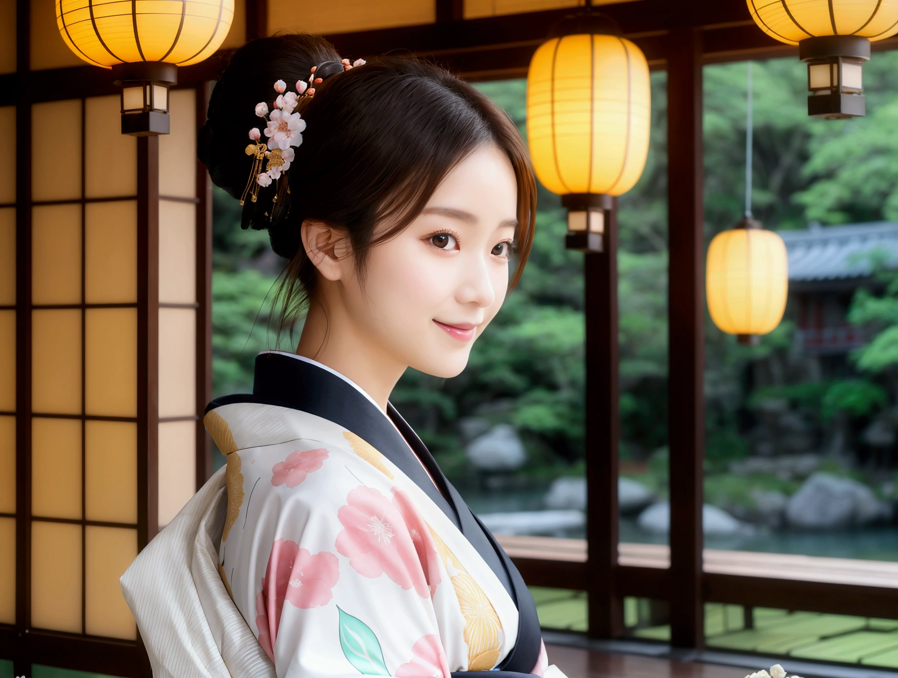 (1 person)、One person、smile、Brightly colored kimonos、Queen、goddess、Beauty、speech、In front of the audience、2、Realistic photos, Beautiful Eyes, Elegant kimono, Soft lighting, Traditional Japanese art style, Vibrant colors, Peaceful atmosphere, Delicate features, Graceful posture、She wears traditional kimonos and modern accessories.