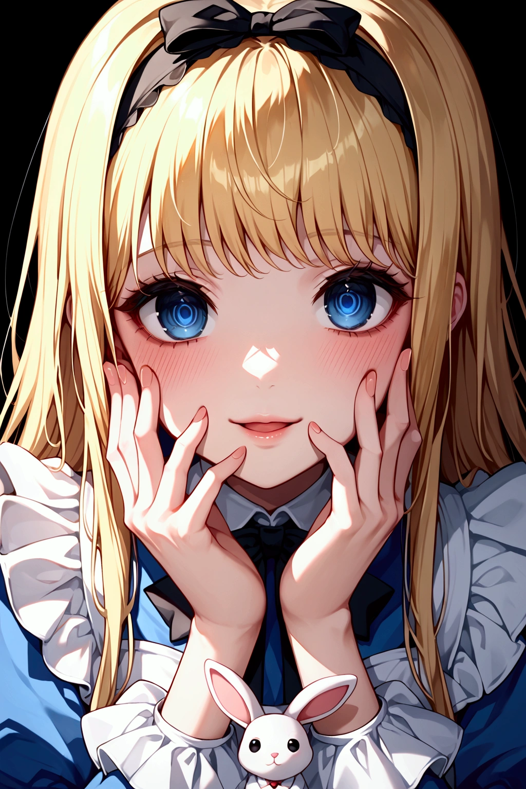 score_9, score_8_superior, score_7_superior, One girl, alone, Alice (\Alice in wonderland\), Blonde, Long Hair, bangs, blue eyes, Hollow Eyes, smile, blush, Faint lips, Open your mouth, Yandere, Yandere trance, Princess Dress, Ruffled Dress, Apron dress, Black Ribbon, Long sleeve, Ruffle sleeves, Black hair band, Hair Ribbon, Frilled Skirt, (White Pantyhose, Striped pantyhose:1.2), View your viewers, superiorから, Face focus, Put your hand on your cheek, Stuffed rabbit, Black background