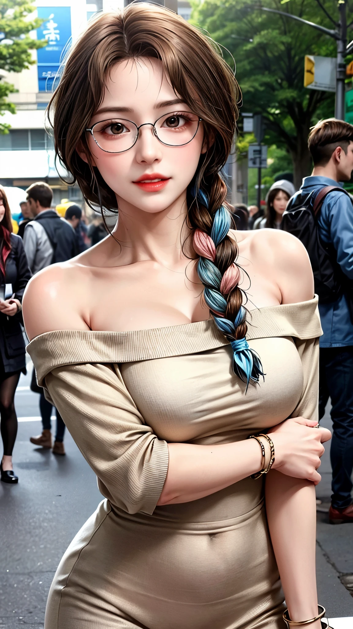 Professional, High level of detail, close up photo (attractive mature 45yo woman:1.3),ray tracing, natural lighting, (blushing:1.1 ), (classy, elegant, dandy)1.2, (blue colour), perfect face, neck sweater off shoulder, blue melton skirt, (((glasses, covered))), big breast, cleveage, Slim Face,(mature) , Pretty Lady,  smile eyes, see full image, bracelet, (at sakura forest), view from up front, loose hair