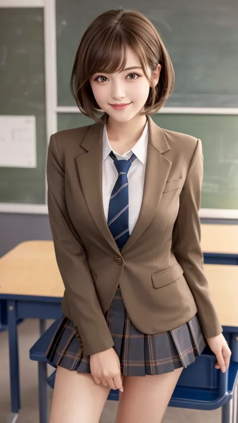 product quality,1 person,low - angle,young and cute japan,daytime, ((high school classroom:1.2)),schoolgirl uniform,blazer, supe...