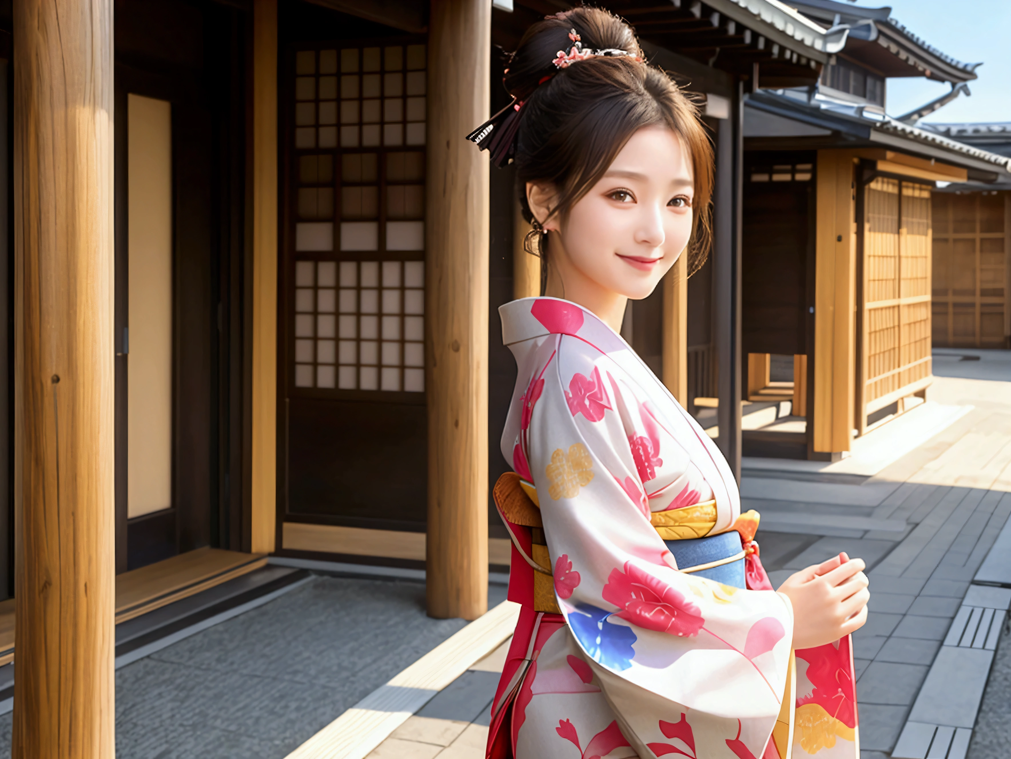 (1 person)、One person、smile、Brightly colored kimonos、Queen、goddess、Beauty、speech、In front of the audience、2、Realistic photos, Beautiful Eyes, Elegant kimono, Soft lighting, Traditional Japanese art style, Vibrant colors, Peaceful atmosphere, Delicate features, Graceful posture、She wears traditional kimonos and modern accessories.