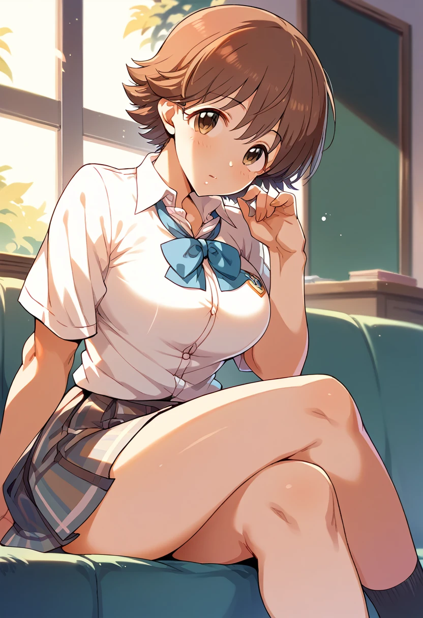 My honda, big breasts, short brown hair, School uniform, sitting