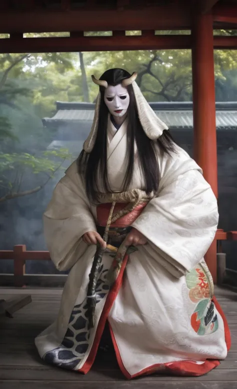 woman,white face,kimono,a large white snake was coiled around his body.,inside the shrine,dim atmosphere,realistic photos、