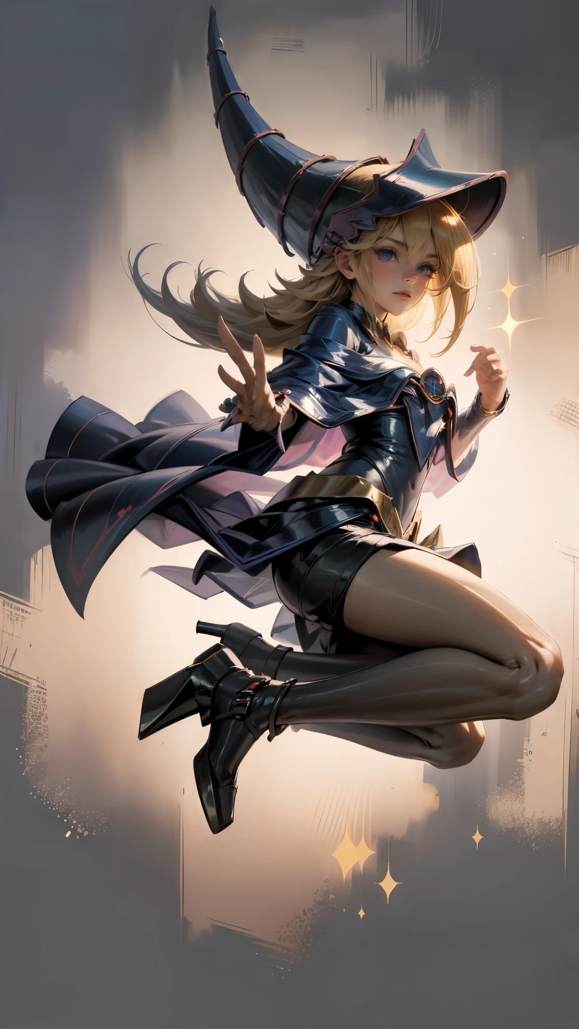 (masterpiece:1.2), (The best quality:1.2), perfect lighting, Dark Magician Girl casting a spell, in battle. floating in the air, visible medium , transparent neckline, blue robe, big hat, from above, Sparkles, Yugioh game, The magic of the heart. LIGHTS OF THE HEART, romantic heart. She wears heels. has heels. Wear heels 