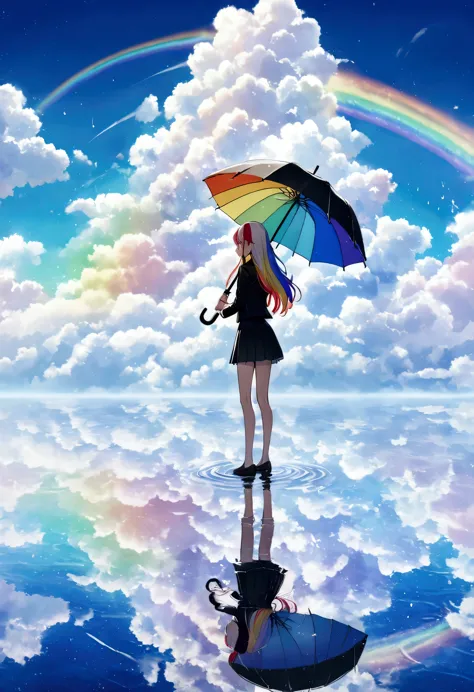 a woman holding an umbrella,holding an umbrella with both hands, rainbow colored hair,long hair,black uniform,mini-skirt　a rainb...