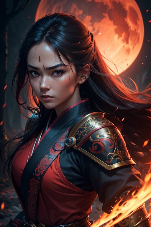 a highly detailed portrait of a beautiful kunoichi warrior woman with a red katana sword, standing in an oriental forest under a red moon, (best quality,4k,8k,highres,masterpiece:1.2),ultra-detailed,(realistic,photorealistic,photo-realistic:1.37),extremely detailed eyes and face,intricate ornate armor,long flowing hair,focused expression,detailed hands,dramatic cinematic lighting,vibrant colors,dark fantasy,mystical atmosphere