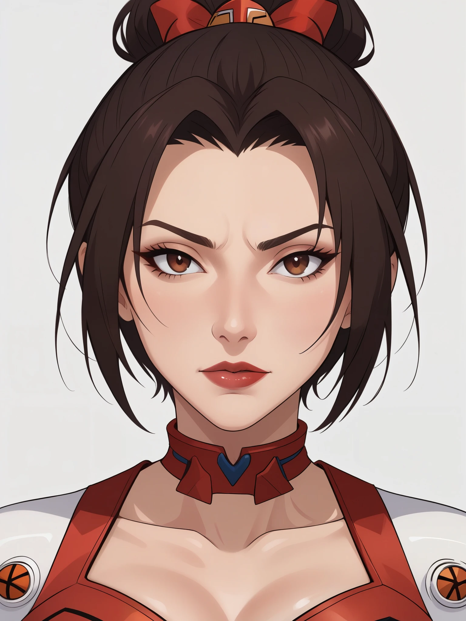 Azula. dark brown hair. cold brown eyes. choker. red evangelion suit. bow