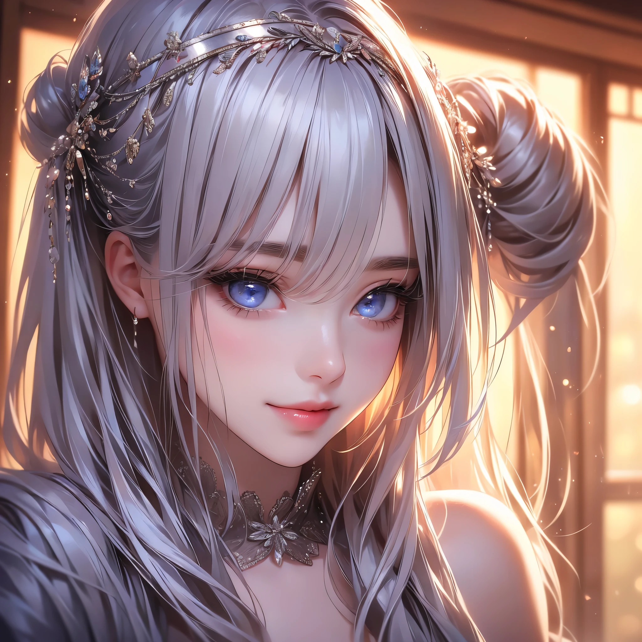 a girl with beautiful detailed eyes, beautiful detailed lips, extremely detailed eyes and face, long eyelashes, looking at viewer with loving eyes, romantic effect, romantic atmosphere, shoji, sliding doors, solo, red corset, smile, tatami, blur, looking at viewer, upper body, hair accessory, hair tie, twintails, bangs, depth of field, long silver hair, 4k, 8k, highres, masterpiece, ultra-detailed, realistic, photorealistic, HDR, UHD, studio lighting, ultra-fine painting, sharp focus, physically-based rendering, extreme detail description, professional, vivid colors, bokeh, portrait