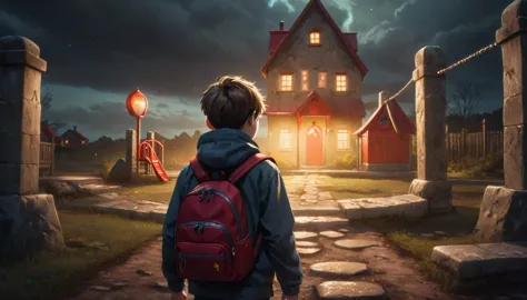 young boy with a red backpack facing a seemingly abandoned playground, centered on a path leading to a brightly lit, mysterious ...