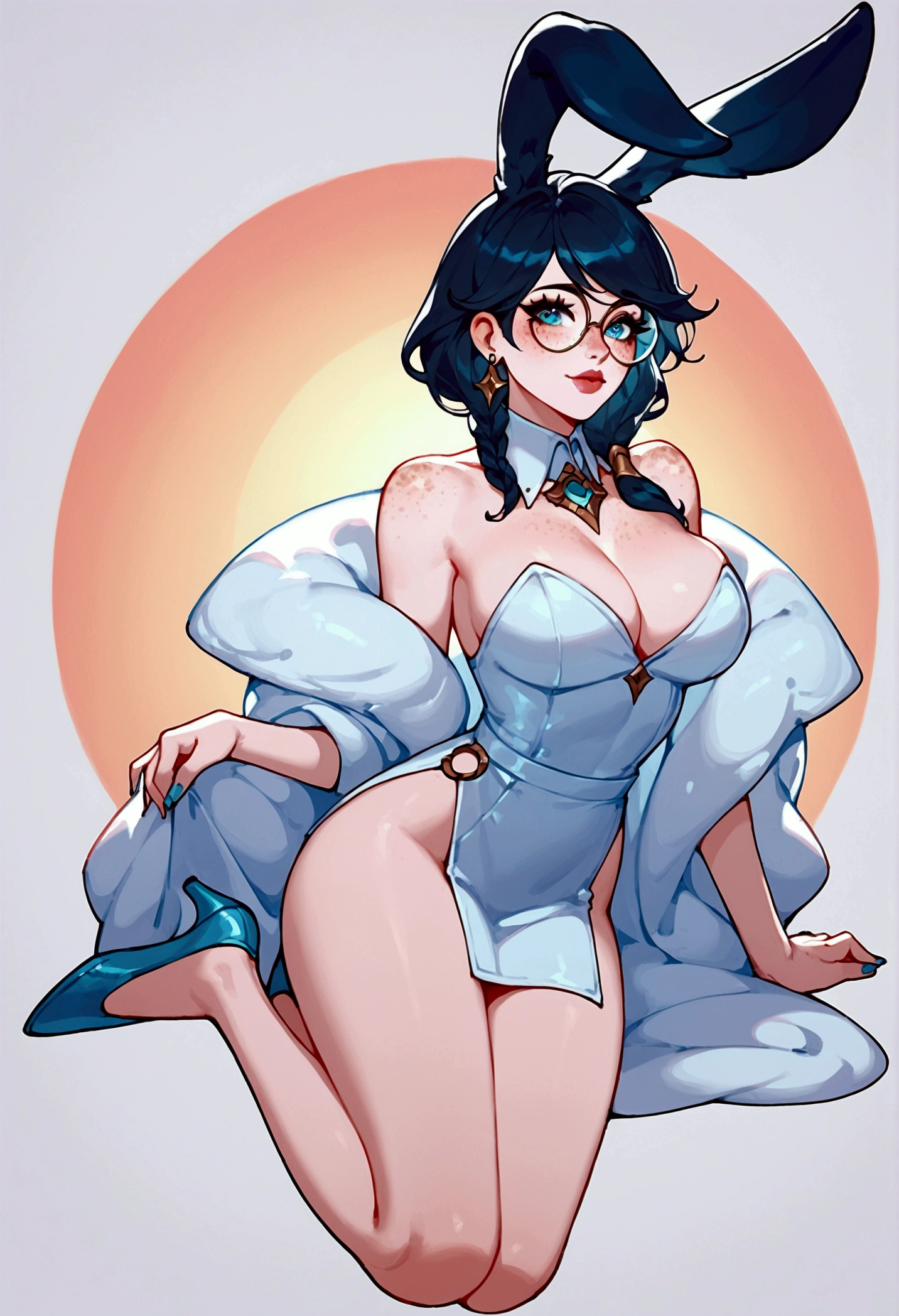 score_9, score_8_up, score_7_up, Aurora (league of legends), 1 girl, black hair, bunny ears, freckles, round glasses, sexy, full body, earrings, long eyelashes, sexy, big bust, beautiful face, dressed as a nurse with low neckline