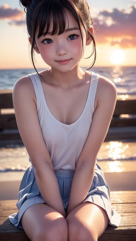 adorable, seaside, suggestive, round face,,    japanese girl, scrunchie,( cheek,glossy lips:1), , ( tanktop , pleated skirt), lo...