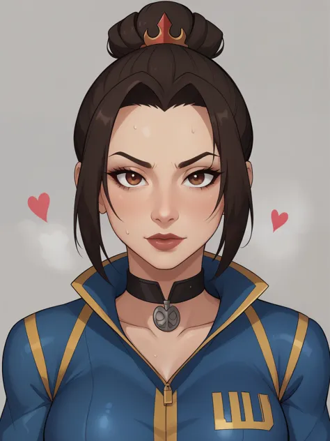 azula. dark brown hair. cold brown eyes. choker. red fallout vault suit. heart