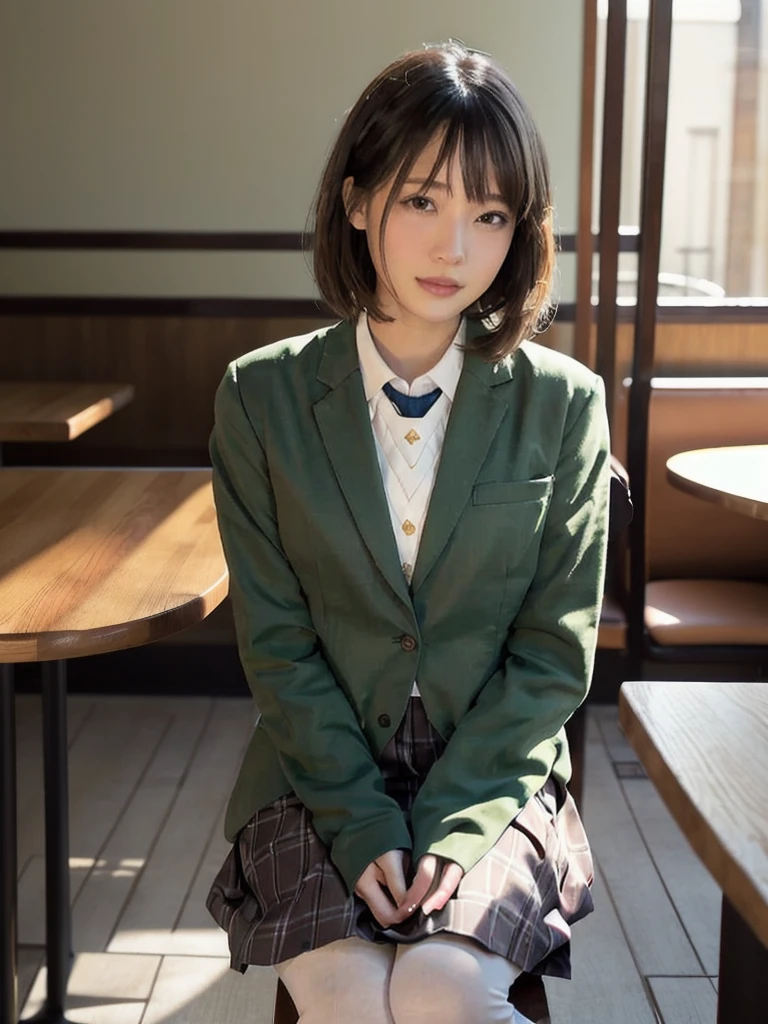 (1woman), Solo, Short bob, 2, Japanese, Brown eyes, Brown hair, Slim figure, Flat chest, Rosy cheeks, Blushing face, happy, happiness
Break
Outfit: Green blazer, white shirt, navy blue tie, grey pleated skirt, black tights, brown Oxford shoes
Expression & Background: At a café table. The girl has a slightly lonely expression while drinking coffee. The seat across from her is prominently shown as an "empty seat", visually emphasized to be striking. The background includes other customers and staff.,watercolor