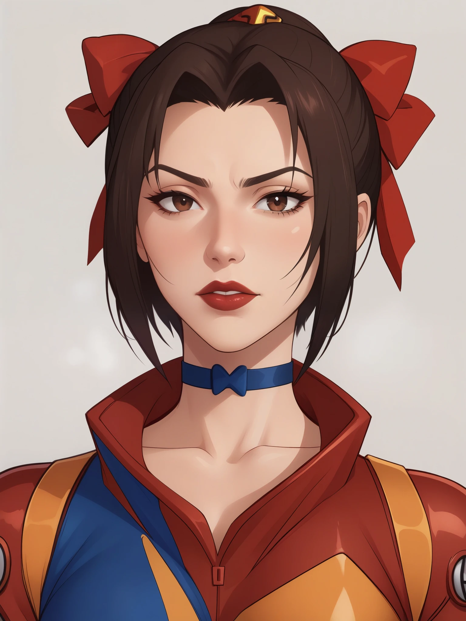 Azula. dark brown hair. cold brown eyes. choker. red evangelion suit. bow